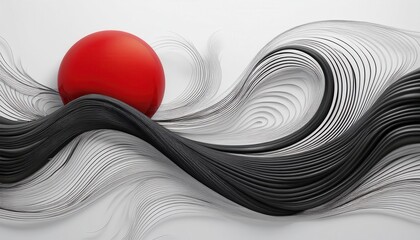 Fototapeta premium A minimalist design featuring a red sphere against flowing black lines on a light background, evoking movement and contrast.
