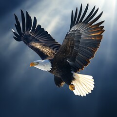 An eagle in flight against a blur of autumnal colors