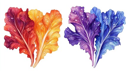 Watercolor painting of vibrant red, orange, purple, and blue leaves with water droplets.