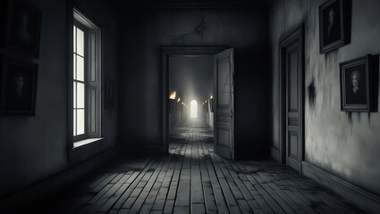 Fototapeta premium Empty light at the window at end of the way on dark mysterious corridor in building. Door room perspective in lonely quiet building with walkway, black and white style
