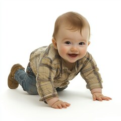 Happy baby crawling on white background, wearing checkered shirt and denim jeans, expressing joy and curiosity in playful moment