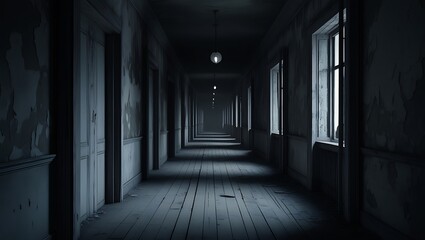 Empty horror hallway with little lighting background. Long empty dark corridor in abandoned building, perspective