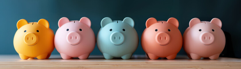 A colorful lineup of ceramic piggy banks in various shades, symbolizing savings and financial planning, displayed on a wooden surface against a dark background.