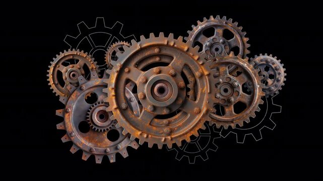 Old rusty gears in constant rotation.  You Can Place The Element On Any Background Or Picture.