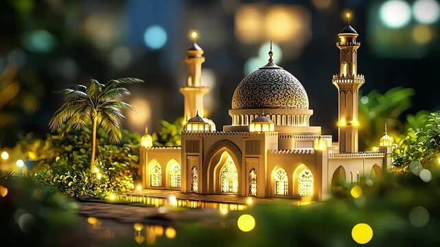 islamic ramadan background, eid al fitri, iftar, eid al adha, beautiful mosque and lantern background. camel in the middle of the desert with mosque