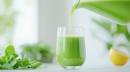A refreshing green smoothie is poured into a glass, surrounded by fresh greens and a lemon, evoking a healthy lifestyle in a bright, airy space.