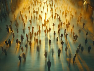 Crowd of people walking in a large hall, backlit by sunlight.