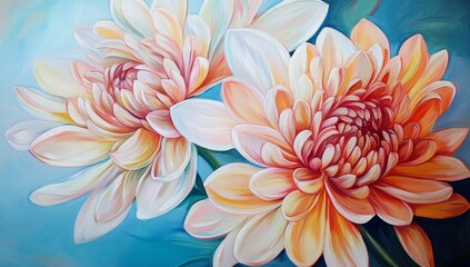 Obraz premium Painting of two peach and white chrysanthemum flowers on a blue background.