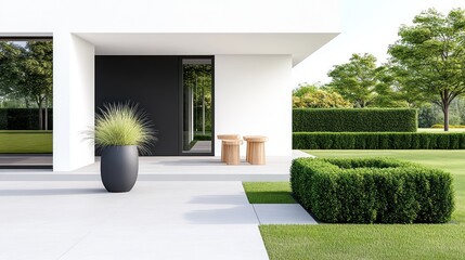 Obraz premium Modern outdoor space with planters and manicured landscaping.