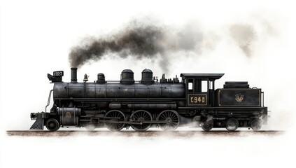 Obraz premium Vintage steam locomotive train emitting dark smoke, isolated on white background.