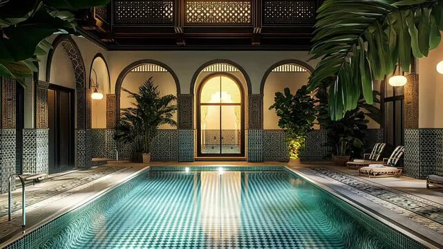 A beautiful pool with a green wall and a green ceiling. The pool is surrounded by plants and has a lot of natural light. Scene is serene and relaxing