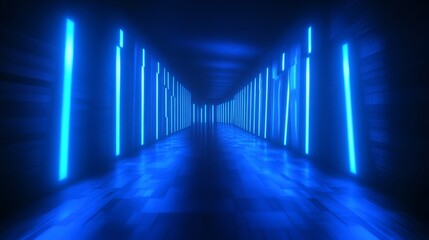 Fototapeta premium A futuristic corridor illuminated by vibrant blue lights, creating a surreal and immersive atmosphere.