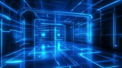 Fototapeta premium A futuristic, glowing blue corridor with abstract light patterns, creating a digital and sci-fi atmosphere.