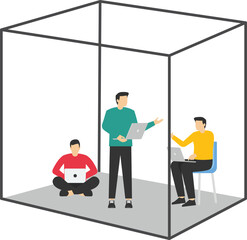 Businesswoman or office worker, working with laptop computer, sitting inside the box, presenting to introvert woman. Flat vector illustration.

