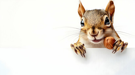 A curious squirrel peeks out, holding an acorn, capturing the essence of wildlife and playful nature.