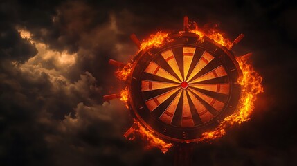 Fiery dartboard engulfed in flames against a stormy sky.
