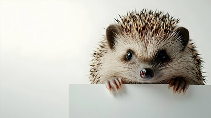 A cute hedgehog peeks over a blank surface, showcasing its curious nature and adorable features.