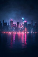 Fototapeta premium neon urban skyline with illuminated buildings and glowing digital themes 