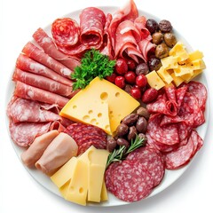 a platter of charcuterie, cheese and meat selection, realistic 3D style, neutral warm colors, isolated on white background
