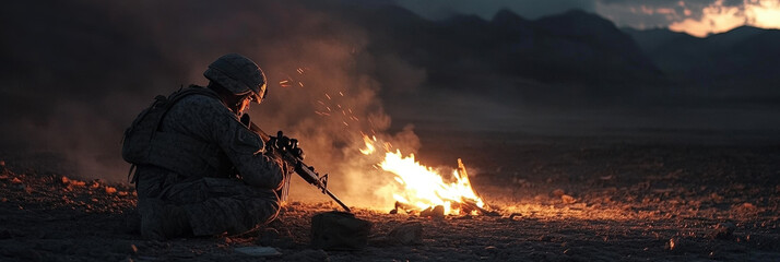 Obraz premium Soldier Sitting by Fire in Rainy Landscape