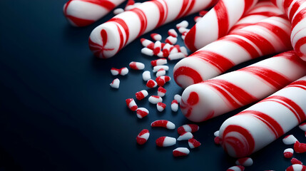 A delightful arrangement of striped peppermint candies scattered on a dark surface, perfect for festive occasions.