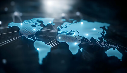 Fototapeta premium A digital map of the world showcasing connectivity and data flow through illuminated lines and network nodes.