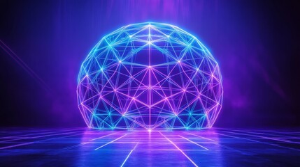 Naklejka premium A vibrant, futuristic sphere composed of interconnected lines and glowing nodes, set against a dark background with purple and blue hues.