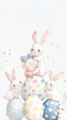 Obraz premium Cute girl hugging bunnies with colorful Easter eggs in a whimsical scene