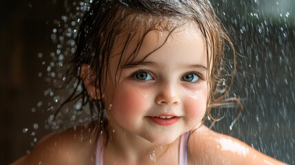 Obraz premium A young girl with wet hair smiles joyfully as water droplets cascade around her, capturing a moment of innocence and playfulness, This image is perfect for family-oriented themes, summer fun