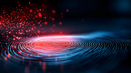 An abstract representation of sound waves and digital vibrations with red and blue hues on a dark background.