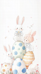 Cute rabbits and a child decorating colorful Easter eggs