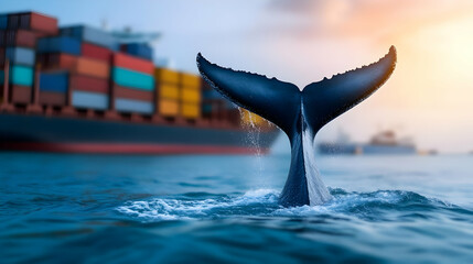 Fototapeta premium A magnificent whale tail emerging from tranquil waters with cargo ships in the background, showcasing marine life.