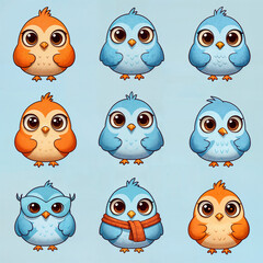 Fototapeta premium Illustration of cute blue and orange birds cartoon. Collection of cartoon birds on blue background.