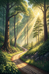Obraz premium morning in the forest, Forest scene with sunlight rays, path of faith and tranquility highlighted wallpaper