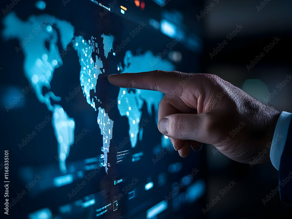 Poster A businessman interacts with a digital world map displaying global data insights and analytics.
