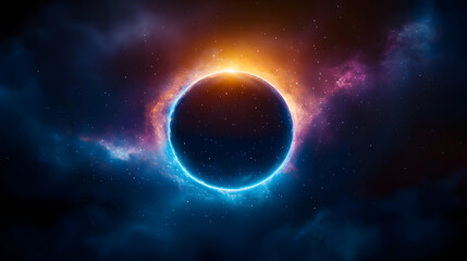 Naklejka premium A captivating cosmic scene depicting a celestial eclipse surrounded by vibrant nebula colors in space.