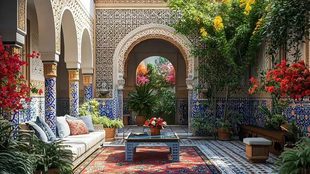 A traditional Moroccan riad adorned with colorful tiles and ornate furnishings, offering an authentic cultural experience. Concept of Arabian hospitality and elegance