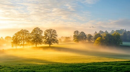 Golden sunrise over misty field with trees.