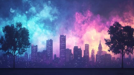 Fototapeta premium urban city glow in a panoramic view with illuminated skyscrapers and natural light 