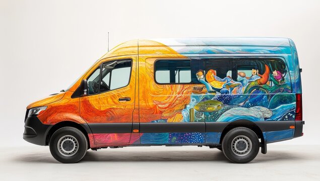Colorful painted van, side profile view on white background.