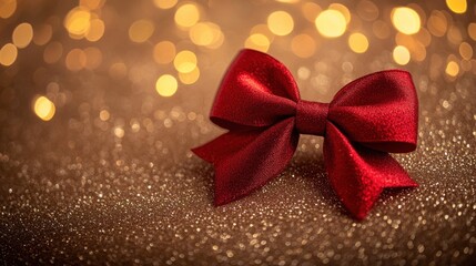 A vibrant red bow rests elegantly a shimmering golden backdrop perfect holiday decor