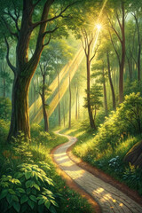 Fototapeta premium morning in the park, Forest scene with sunlight rays, path of faith and tranquility highlighted wallpaper