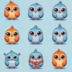 Fototapeta premium Illustration of cute blue and orange birds cartoon. Collection of cartoon birds on blue background.