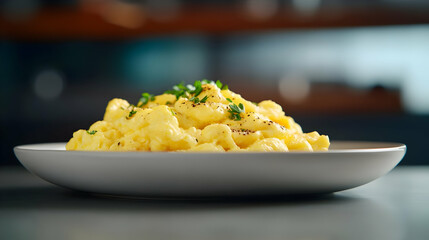 A close-up of creamy scrambled eggs garnished with herbs, served on a white plate. Perfect for breakfast ideas.