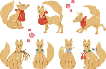 色んなポーズをした神社のお稲荷さんのイラスト　走る　歩く　座る