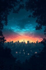 Fototapeta premium panoramic skyline view with illuminated urban buildings and abstract tech paths 