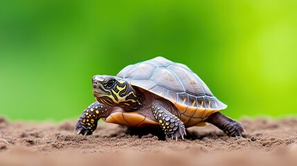 Obraz premium A close-up of a turtle on soil with a blurred green background.