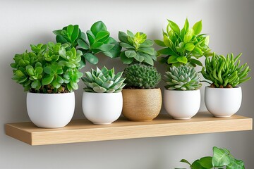 Fototapeta premium A beautiful plant shelf displays various succulent plants, enhancing the appeal of indoor gardening while adding a touch of nature to your space.