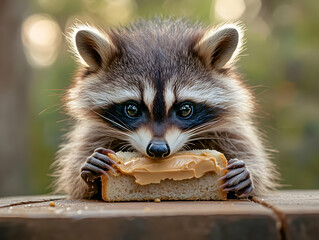 A curious raccoon enjoys a slice of bread smeared with peanut butter in a serene outdoor setting.