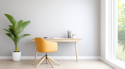 Modern workspace with a desk, chair, and potted plant.